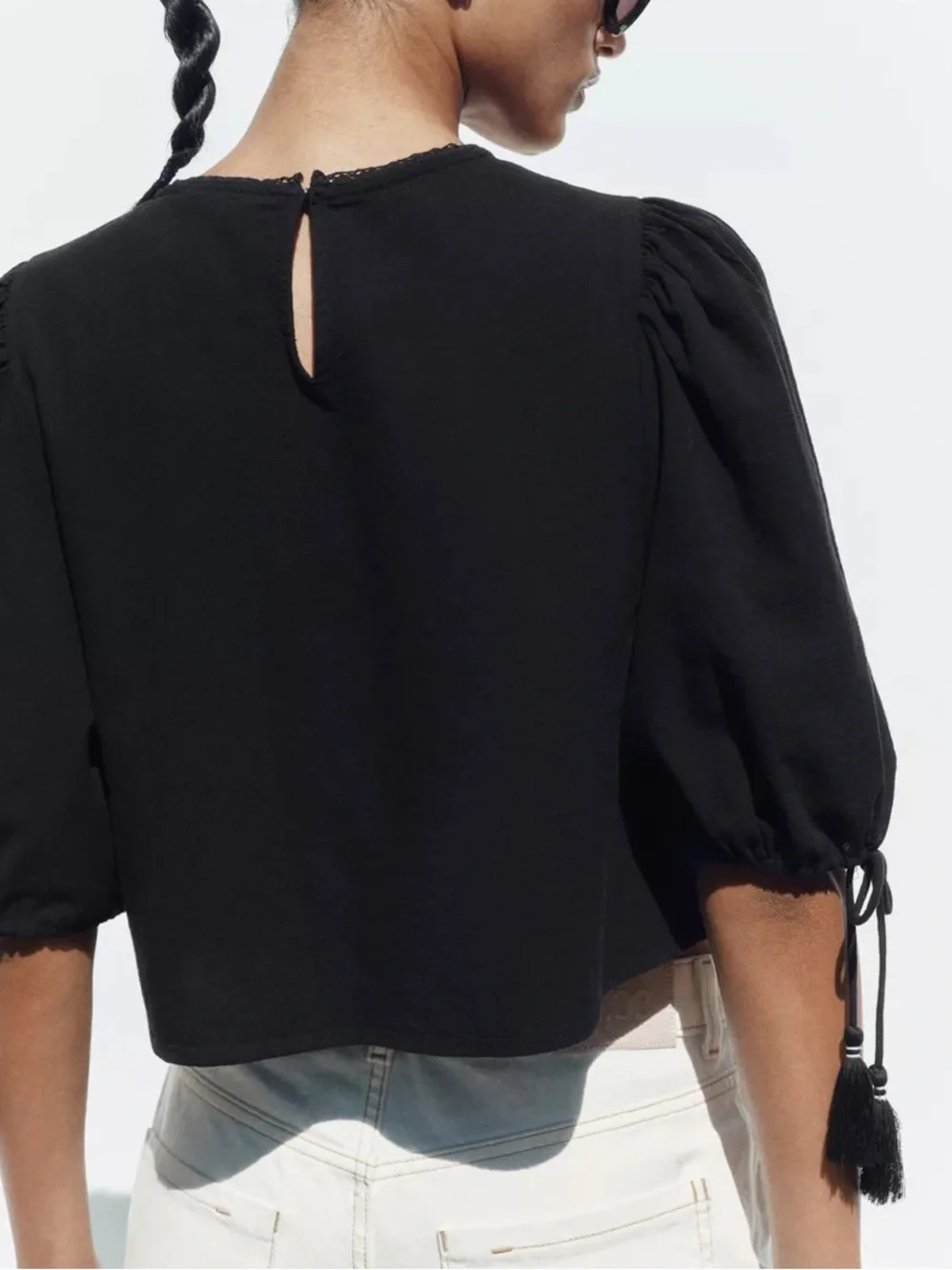 Zara Black Blouse with White Floral Embroidery